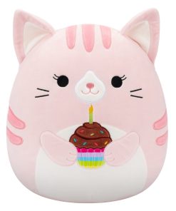 14-Inch Laura the Pink Tabby Cat Holding Birthday Cupcake